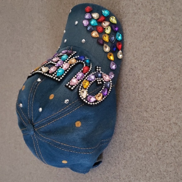Blinged Blue Denim  Multi-Colored Rhinestone "Queen" Cap - Picture 6 of 7